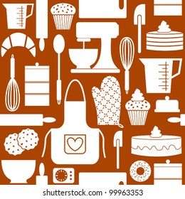 Seamless pattern in retro style with kitchen and baking items.