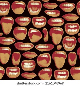 Seamless pattern in retro style with lips that smile and show tongue and teeth. Decorative vector background with laughing, surprised, excited, angry, singing, screaming human mouths on black backdrop