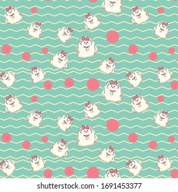 Seamless pattern in retro style on a turquoise background, fluffy dog, white Spitz, puppy with a bow and zigzag pattern