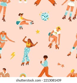 Seamless pattern with retro style roller skaters. Vector illustration of young men and women wearing quad skates. Roller disco concept in colorful flat style.