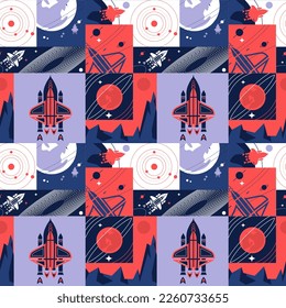 Seamless pattern in retro style with space shuttles and space objects. Bauhaus background