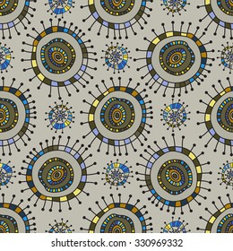 Seamless pattern in the retro style of steampunk, wheels, gears, unusual shapes. The pattern can use in design background, wallpaper, fabrics, packaging, textiles