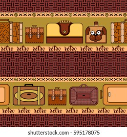 Seamless pattern in retro style from suitcases and wicker texture in brown tones