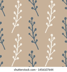 Seamless pattern in retro style of twigs with berries on brown background. Earthy color endless vector illustration.