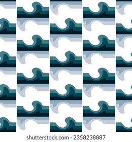 Seamless pattern in retro style. Wavy blue background for fashionable prints in funk style. An unusual psychedelic background on the water with steep lines from the wave. A wave divided into parts