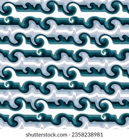 Seamless pattern in retro style. Wavy blue background for fashionable prints in funk style. Unusual psychedelic water background with lines from the wave. Sea line, covering wave