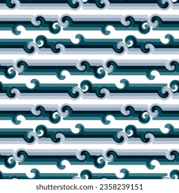 Seamless pattern in retro style. Wavy blue twisted background for fashionable prints in funk style. Unusual psychedelic water background with lines from the wave. Sea line, shallow wave