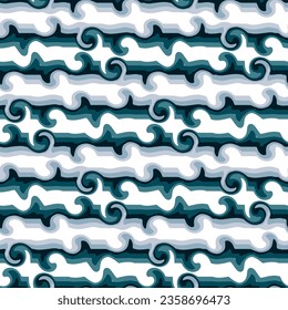 Seamless pattern in retro style. Wavy blue background for fashionable prints in funk style. Unusual psychedelic water background with lines from the wave. Sea line, repeating wave