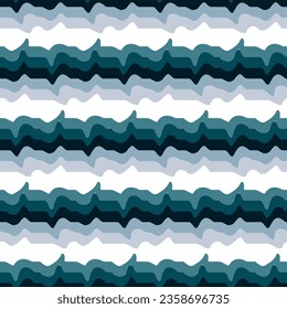 Seamless pattern in retro style. Wavy blue light background for fashionable prints in funk style. Unusual psychedelic water background with lines from the wave. Sea line, water ripples