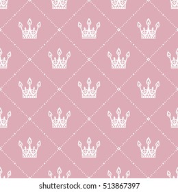 Seamless pattern in retro style with a white crown on a pink background. Can be used for wallpaper, pattern fills, web page background,surface textures. Vector Illustration