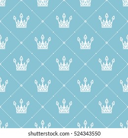 Seamless pattern in retro style with a white crown on a turquoise background. Can be used for wallpaper, pattern fills, web page background,surface textures. Vector Illustration