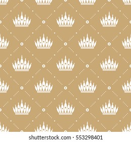 Seamless pattern in retro style with a white crown on a gold background. Can be used for wallpaper, pattern fills, web page background,surface textures. Vector Illustration.