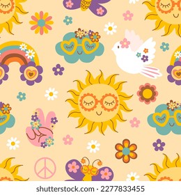 seamless pattern with retro sun, cloud, rainbow