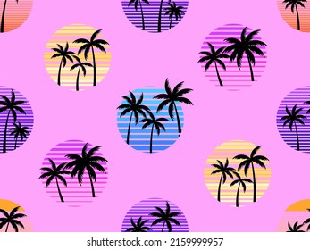 Seamless pattern with retro sun and palm trees in 80s style. Palm trees at sunset. Design colorful tropical pattern for banner, poster and promotional item. Vector illustration