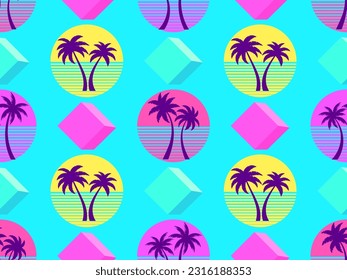 Seamless pattern with retro sun and palm trees in 80s style. Palm trees at sunset and 3d cubes. Colorful tropical pattern design for banner, poster and promotional item. Vector illustration