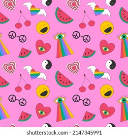 Seamless pattern with retro symbols of the 70s. Psychedelic eye, smiley face, cherries, peace symbol, watermelon,cherry. Great for textiles and wrapping paper. Color vector illustrations on pink