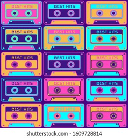 Seamless Pattern With A Retro Tape Cassette. Vintage Music, 1980s Pop Songs, Stereo Cassettes. 90 S Disco Dance Audio Cassette,  Player Record Tape. 