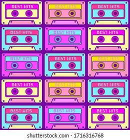 Seamless pattern with a retro tape cassette. Vintage music, 1980s pop songs, stereo cassettes. 90 s disco dance audio cassette,  player record tape. 