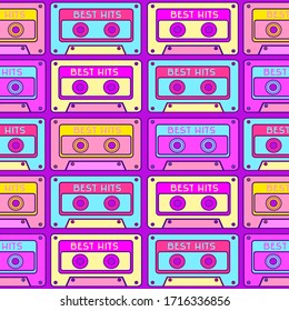 Seamless pattern with a retro tape cassette. Vintage music, 1980s pop songs, stereo cassettes. 90 s disco dance audio cassette,  player record tape. 