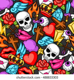 Seamless pattern with retro tattoo symbols. Cartoon old school illustration.