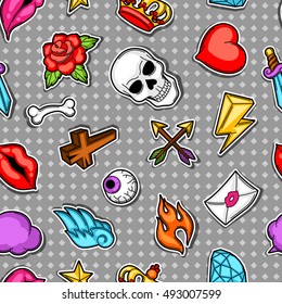 Seamless pattern with retro tattoo symbols. Cartoon old school illustration.