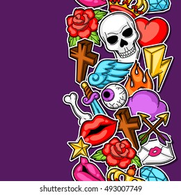 Seamless pattern with retro tattoo symbols. Cartoon old school illustration.