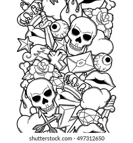 Seamless pattern with retro tattoo symbols. Cartoon old school illustration.