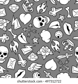 Seamless pattern with retro tattoo symbols. Cartoon old school illustration.