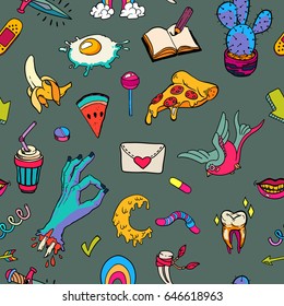 Seamless pattern with retro tattoo symbols. Cartoon old school illustration.