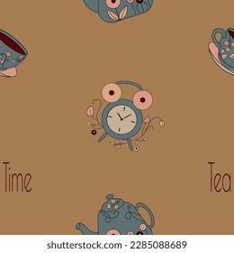 Seamless pattern retro tea cup and teapot on color background vector flat illustration