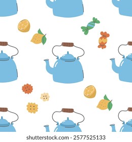 Seamless pattern with retro teapots, cookies, lemon and candies