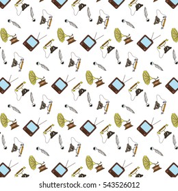Seamless pattern with Retro technology,  vector illustration of tv, telephone, gramophone, pen with ink. Flat set of icons.