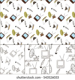 Seamless pattern with Retro technology,  vector illustration of tv, telephone, gramophone, pen with ink. Flat set of icons.