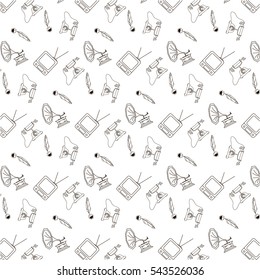 Seamless pattern with Retro technology,  vector illustration of tv, telephone, gramophone, pen with ink. Flat set of icons.