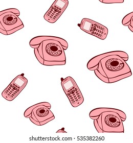 Seamless pattern with retro telephones and cell phones. Vintage design isolated on white background.