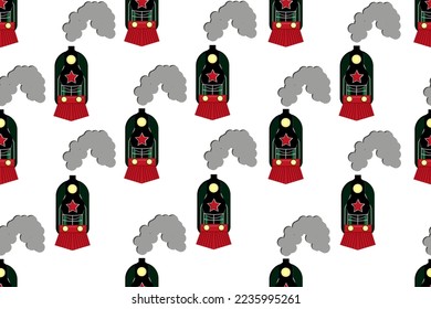 Seamless pattern with retro train with a red star on white background. Railway concept. Railway banner. Wallpaper and fabric print.