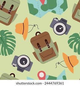 Seamless pattern with retro travelling objects, maps, rucksacks, photo cameras, hand drawn vector illustration