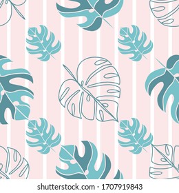 Seamless pattern retro tropical leaves on white pink stripes
