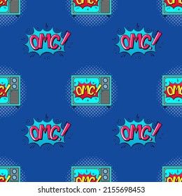 Patrón sin inconvenientes con TV retro con imagen OMG. Ilustración vectorial de arte pop