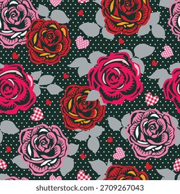 Seamless Pattern of Retro Valentines Rose Flowers with Hearts and Dots Black  Background- Valentine's Day Vector Illustration