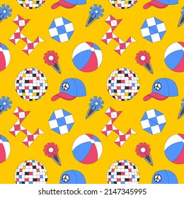 Seamless pattern with retro, vintage elements. Ball, puzzle, disco ball. Symbols of the 90s. Great for textiles and wrapping paper. Color vector illustrations on a yellow background