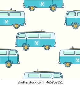 seamless pattern Retro, vintage, travel, camper van, with surfing board, . Vector illustration.Hand drawn image. Vintage car a mini van