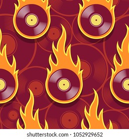 Seamless pattern with retro vintage vinyl record icons and flames. Vector illustration. Ideal for wallpaper, covers, wrapper, packaging, fabric design and any kind of decoration.