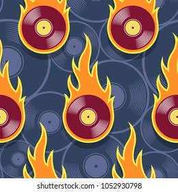 Seamless pattern with retro vintage vinyl record icons and flames. Vector illustration. Ideal for wallpaper, covers, wrapper, packaging, fabric design and any kind of decoration.