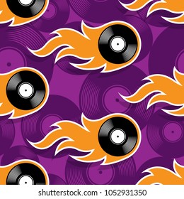 Seamless pattern with retro vintage vinyl record icons and flames. Vector illustration. Ideal for wallpaper, covers, wrapper, packaging, fabric design and any kind of decoration.