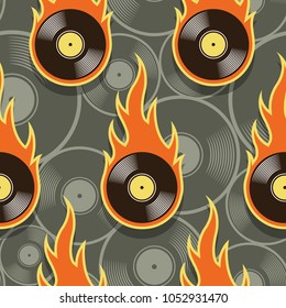 Seamless pattern with retro vintage vinyl record icons and flames. Vector illustration. Ideal for wallpaper, covers, wrapper, packaging, fabric design and any kind of decoration.