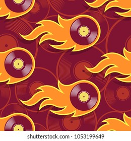 Seamless pattern with retro vintage vinyl record icons and flames. Vector illustration. Ideal for wallpaper, covers, wrapper, packaging, fabric design and any kind of decoration.