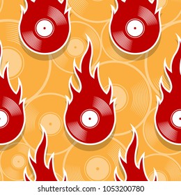 Seamless pattern with retro vintage vinyl record icons and flames. Vector illustration. Ideal for wallpaper, covers, wrapper, packaging, fabric design and any kind of decoration.