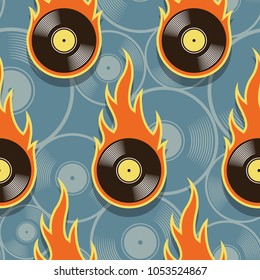 Seamless pattern with retro vintage vinyl record icons and flames. Vector illustration. Ideal for wallpaper, covers, wrapper, packaging, fabric design and any kind of decoration.