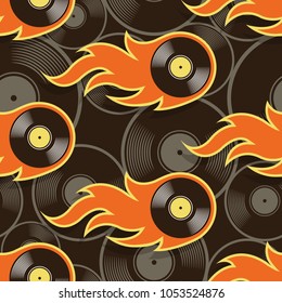 Seamless pattern with retro vintage vinyl record icons and flames. Vector illustration. Ideal for wallpaper, covers, wrapper, packaging, fabric design and any kind of decoration.